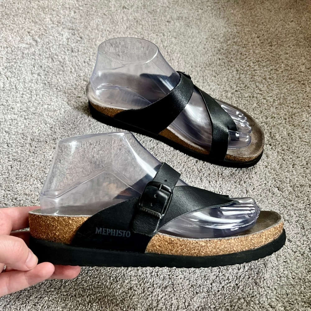 Mephisto Helen Sandals Size 38 Black Leather Thong Cork Comfort Shoes Toe Loop
